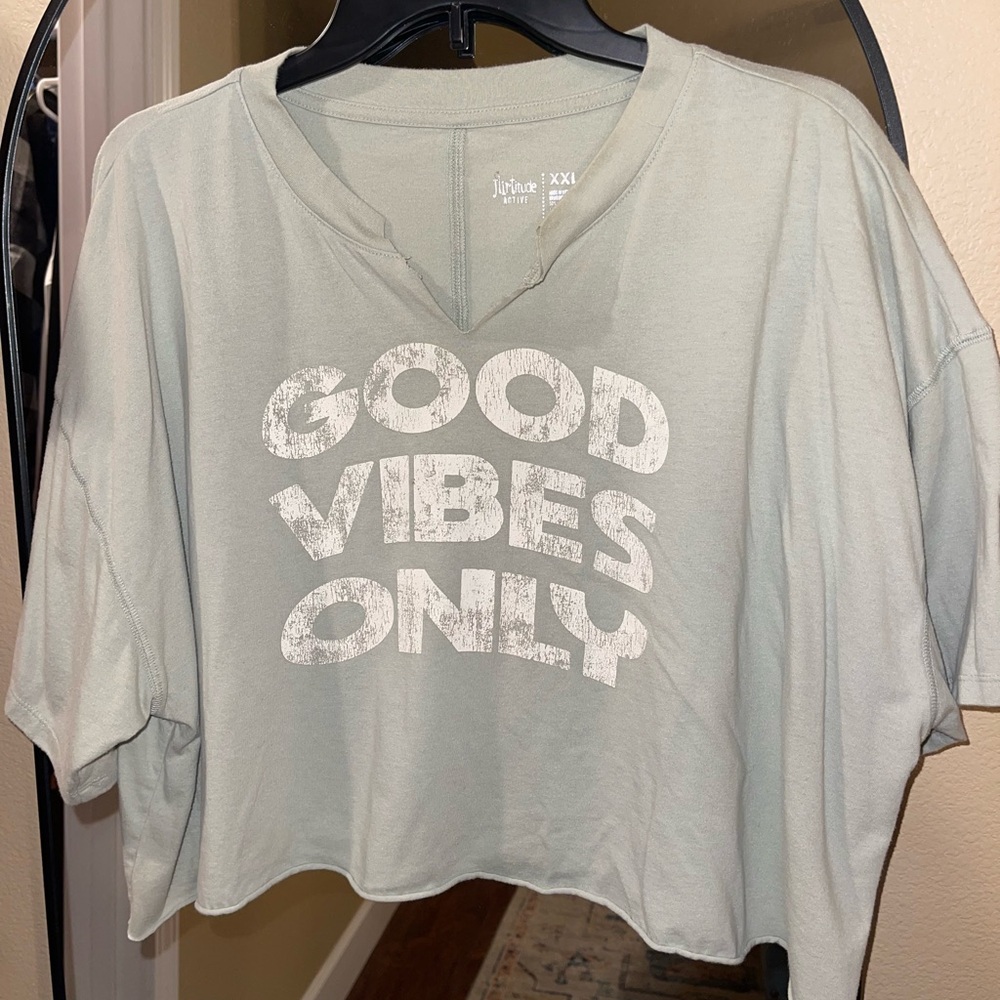 Flirtitude Light Green Crop Top with 'Good Vibes Only' Print